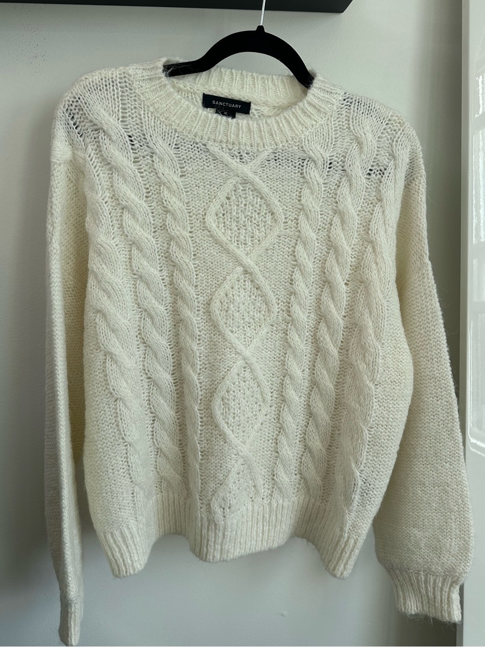 Ivory Fisherman Cable Knit Mohair Blend Crewneck Sweater/cozy grandpa knit